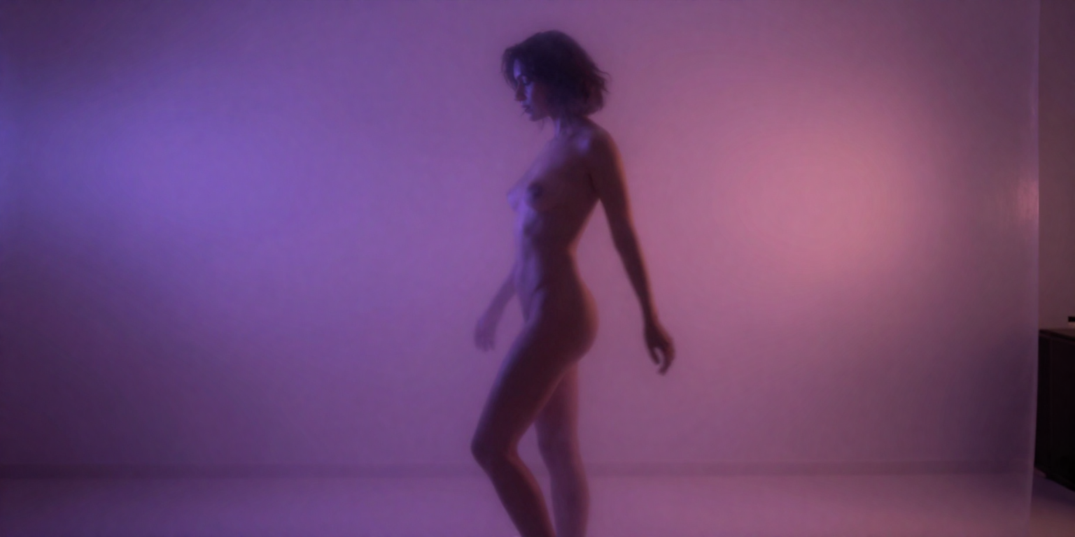 fictional consenting adult woman age 31 in a tasteful artistic nude silhouette behind translucent drapery, full-body