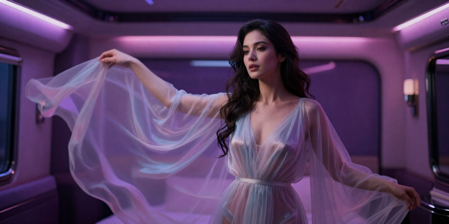 fictional consenting adult woman age 30 as an original fantasy muse in flowing translucent fabric, dramatic